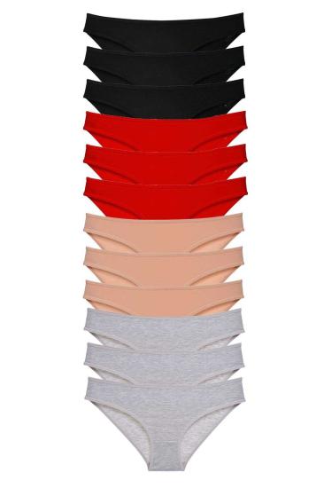 12 adet Süper Eko Set Likralı Kadın Slip Külot Siyah Kırmızı Ten Gri