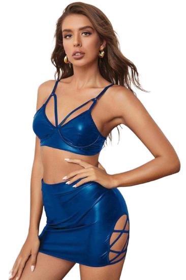 Kadın Fantezi Deri Kostüm Harness Erotik Kıyafet D21053 Mavi
